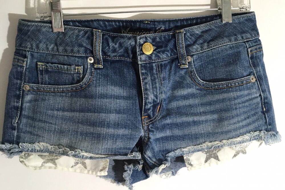 American Eagle High Waist Silver Glitter Star Peekaboo Pocket Cut Off Shorts Sz6